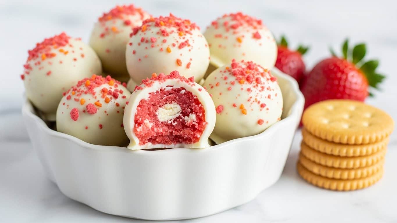 A white scalloped bowl filled with eight round treats coated in smooth white chocolate, each topped with a sprinkle of pink and orange crumbs. One treat is bitten, revealing a textured pink and crumbly inside with bits of white, sitting at the front center of the bowl. To the right, a small stack of round golden crackers and a fresh red strawberry with green leaves can be seen. The whole scene is set on a white marbled surface with soft, bright lighting. photo taken with an iphone --ar 4:5 --v 7