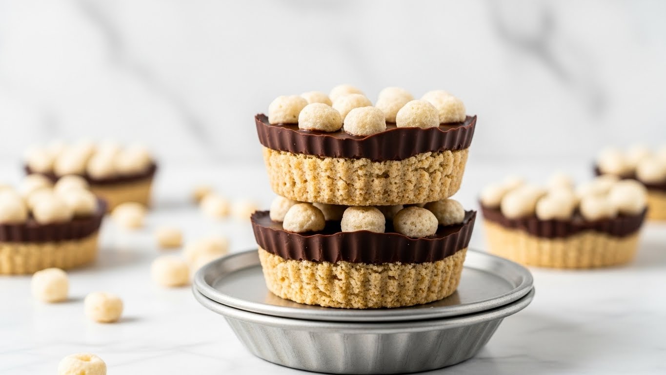 Three small tartlets are stacked on top of a metal tart tin against a white marbled texture background. Each tartlet has three layers: the bottom layer is a light tan crust with a rough texture, the middle layer is dark chocolate with a smooth, shiny surface that wraps slightly over the edges, and the top layer consists of small, puffy white cereal pieces scattered neatly. More tartlets and some scattered cereal pieces are blurred in the background. The scene is bright and clean, focusing on the textures and layers of the tartlets. photo taken with an iphone --ar 4:5 --v 7