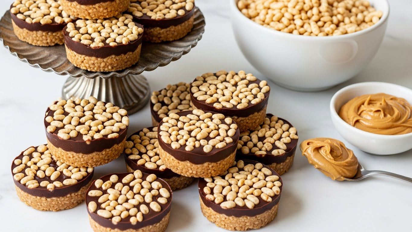 The image shows round chocolate treats each with three layers: the bottom layer is a light brown, crunchy peanut butter base, the middle layer is a smooth, dark chocolate layer, and the top layer is covered with light beige crispy puffed rice pieces scattered unevenly. They are arranged in a casual pile on a white marbled surface, with some treats set on a vintage silver fluted stand. On the right, there is a white bowl filled with more puffed rice and a small white bowl holding creamy brown peanut butter beside a spoon with some peanut butter on it. The overall color scheme is warm with dark brown, light brown, and beige shades, contrasted by the white marbled surface. photo taken with an iphone --ar 4:5 --v 7