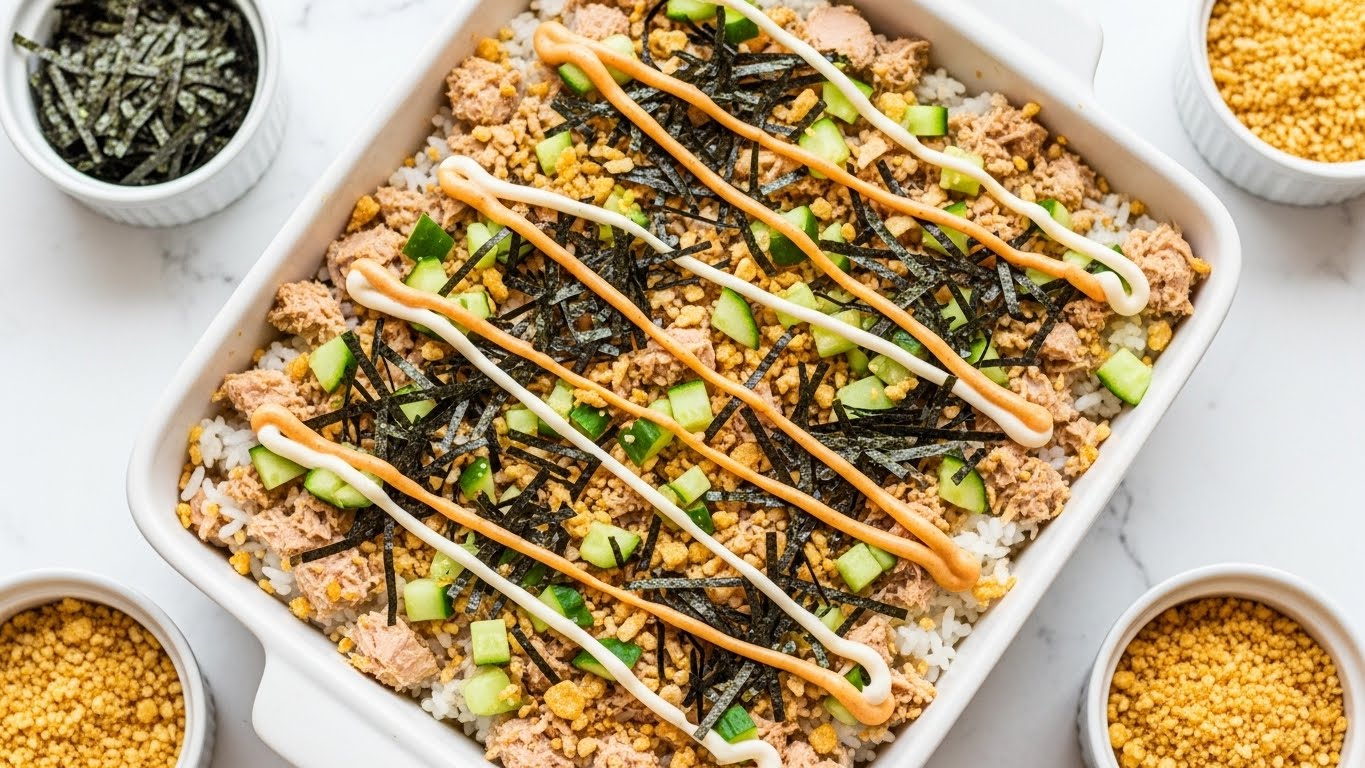 A white rectangular baking dish filled with a layered dish starting with a base of white rice mixed with pieces of light brown tuna, topped with scattered dark green seaweed strips and small, fresh bright green chopped cucumber pieces. The surface is drizzled with two sauces, one creamy white and the other a light orange, both applied in thin lines across the top, and sprinkled with golden-brown crunchy crumbs. The dish sits on a white marbled texture, surrounded by small white bowls containing more crispy crumbs and shredded seaweed. Photo taken with an iphone --ar 4:5 --v 7