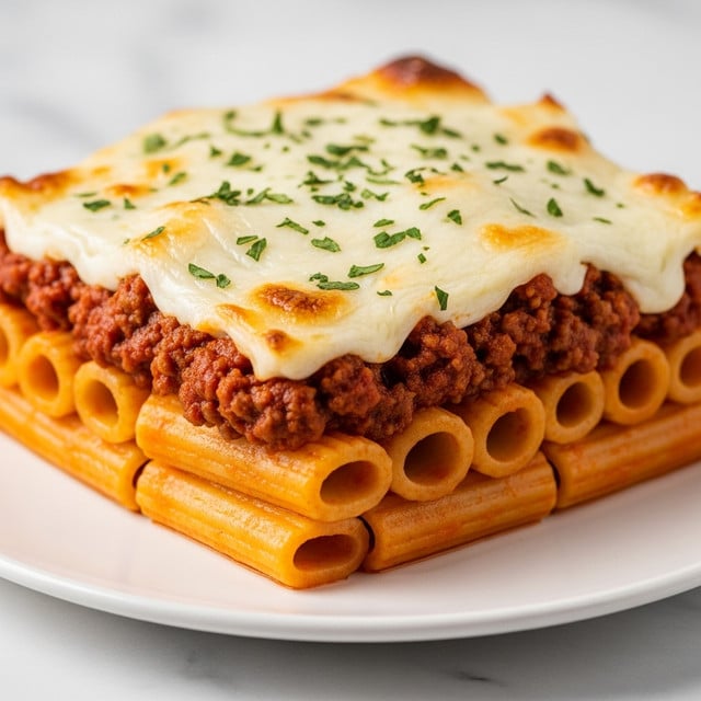 A close-up of a square-shaped baked pasta dish on a white plate, showing three main layers: the bottom layer is orange, saucy rigatoni pasta with smooth texture; the middle layer is a thick mix of browned ground meat and red sauce filling all gaps; the top layer is a creamy white cheese topping sprinkled with green herbs, lightly browned in spots; all layers look moist and rich, with the dish sitting on a white marbled surface. photo taken with an iphone --ar 4:5 --v 7