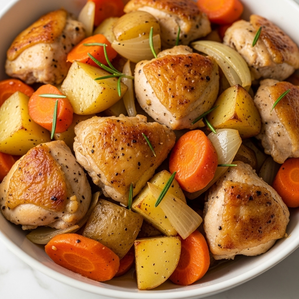 A close-up of a bowl filled with cooked chicken pieces and chunky roasted vegetables. The chicken pieces are golden brown with a slightly crispy texture and are scattered throughout the bowl. Among the chicken are thick slices of orange carrots, light yellow potatoes, and pale onions, all mixed together and glistening with juices. Small green rosemary sprigs are sprinkled on top, adding color and freshness. The bowl is white and sits on a white marbled surface with soft natural light enhancing the warm and hearty feel of the dish. photo taken with an iphone --ar 4:5 --v 7