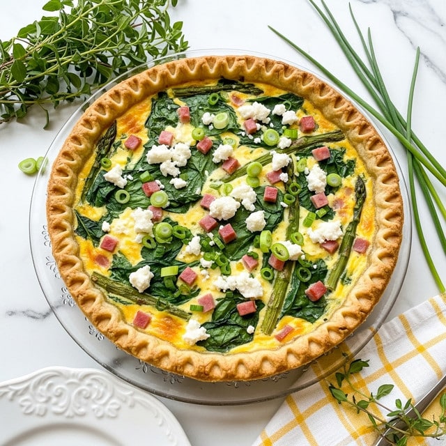 This image shows a quiche with a golden brown crust that has a crimped edge on a clear glass plate. The quiche filling has a creamy yellow color mixed with green spinach leaves and green onion slices. Small pieces of pink ham and white cheese crumbles are spread on top. The quiche sits on a white marbled surface, with some green chives laid next to it and sprigs of green herbs in the background. A white plate with ornate edges and a yellow and white checkered cloth are partially visible near the bottom edges. Photo taken with an iphone --ar 4:5 --v 7