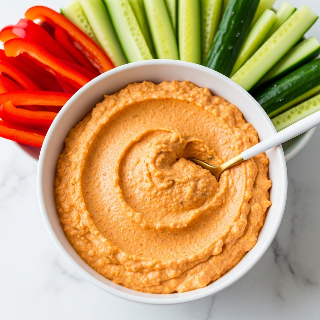 A white bowl is filled with a thick, creamy orange dip that has a slightly grainy texture, with small specks visible in the mix. A white and gold spoon dips into the smooth surface, creating a small scoop indentation. Surrounding the bowl are fresh, colorful vegetable sticks; red bell pepper strips on one side and green cucumber sticks on the other. The bowl is placed on a white marbled surface, emphasizing the vibrant colors of the dip and vegetables. photo taken with an iphone --ar 4:5 --v 7