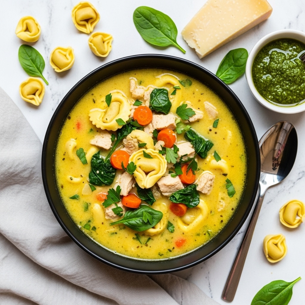 A black bowl filled with creamy yellow soup with visible pieces of tortellini pasta, chunks of chicken, finely chopped green herbs, small orange carrot bits, and wilted spinach leaves floating in the thick broth. Next to the bowl, there is a wedge of hard cheese and a small bowl of green pesto sauce. Around the bowl, there are a few uncooked tortellini pieces scattered, all set on a table with a white marbled texture and a light grey cloth tucked in at the side. Photo taken with an iphone --ar 4:5 --v 7