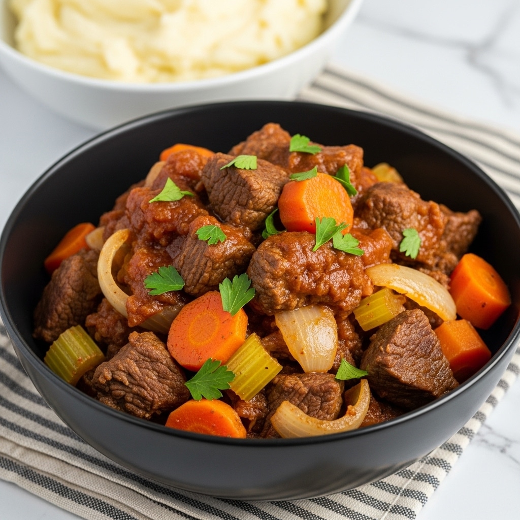 The image shows a black bowl filled with a rich beef stew that has several layers of chunky ingredients. The top layer is glossy with a reddish-brown sauce, dotted with small bright green parsley leaves. Below the sauce, there are tender chunks of browned beef, orange carrot pieces, translucent onion slices, and pale green celery bits, all mixed evenly. The bowl sits on a striped cloth over a white marbled surface. In the background, there is a white bowl with creamy mashed potatoes, slightly out of focus. photo taken with an iphone --ar 4:5 --v 7