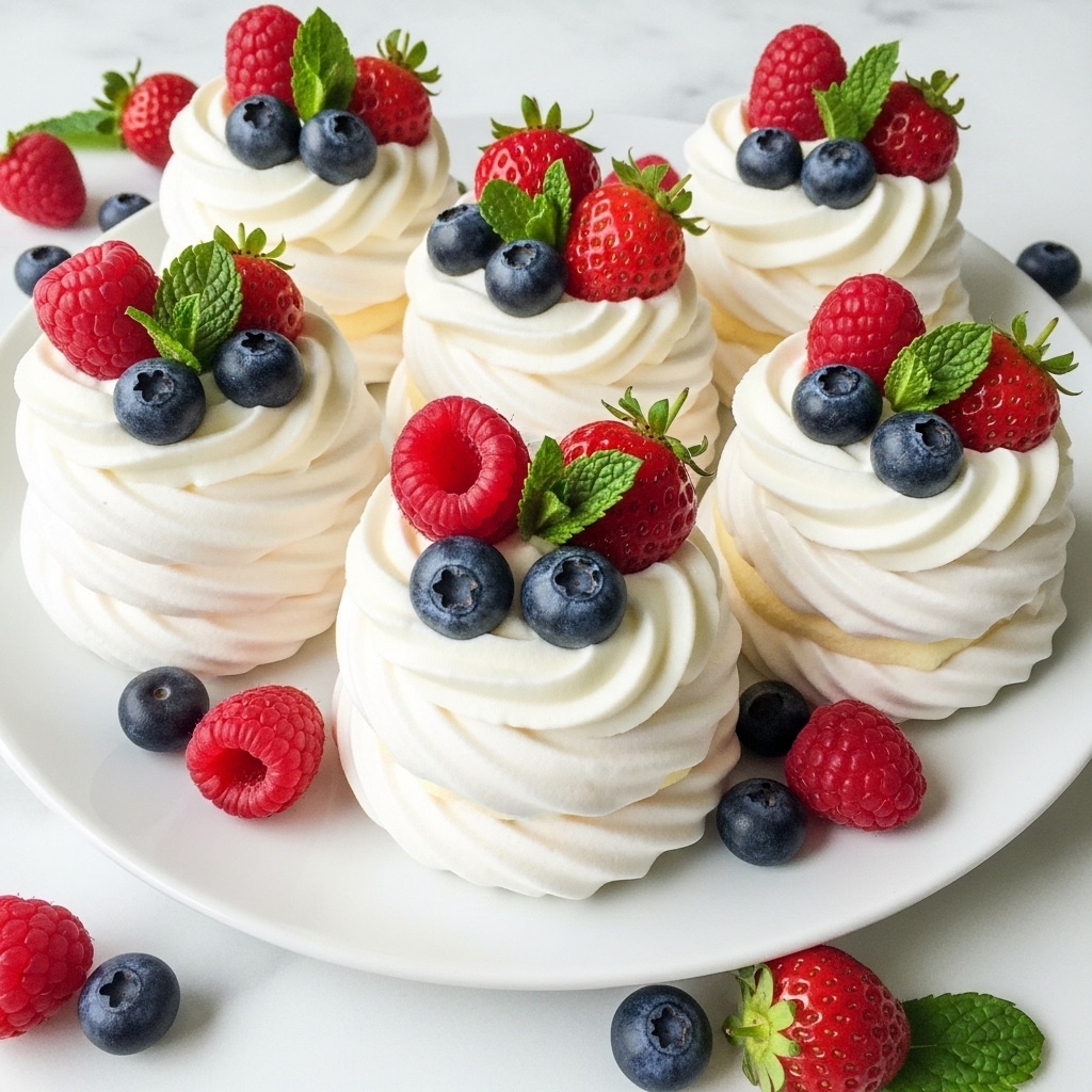 The image shows five small white meringue nests on a white plate. Each nest has two layers: the bottom layer is a swirled white meringue base with a light, airy texture, and the top layer is a fluffy white whipped cream filling. On the whipped cream, there are mixed berries including red raspberries, dark blue blueberries, and small red strawberries with green leaves, along with fresh green mint leaves for garnish. Around the plate, there are extra loose berries scattered on a white marbled surface. The overall look is fresh, light, and colorful. photo taken with an iphone --ar 4:5 --v 7