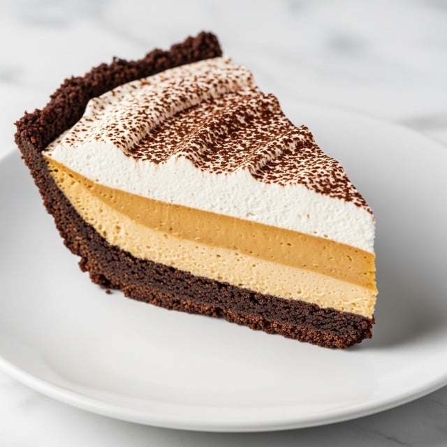 A slice of pie sits on a white plate over a white marbled surface. It has three clear layers: the bottom crust is dark brown and crumbly, the middle layer is smooth and light caramel brown, and the top layer is fluffy white cream dusted evenly with fine brown cocoa powder. The pie crust edge is thick and darker brown, giving a textured border around the slice. The background is softly blurred, focusing on the pie slice. photo taken with an iphone --ar 4:5 --v 7