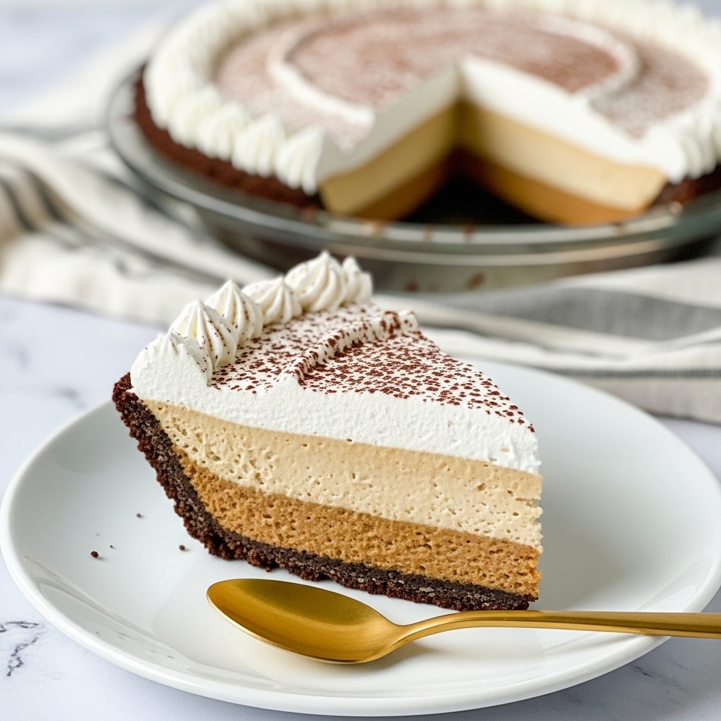 A slice of pie is shown with three clear layers: the bottom dark brown crust looks firm and crumbly, the middle light brown filling is smooth and dense, and the top white cream layer is thick and fluffy with a dusting of fine cocoa powder. The pie slice is placed on a white plate, and next to it lies a small gold spoon. In the background, a pie dish with more pie is slightly out of focus, resting on a white marbled surface with a soft, striped cloth. Photo taken with an iphone --ar 4:5 --v 7