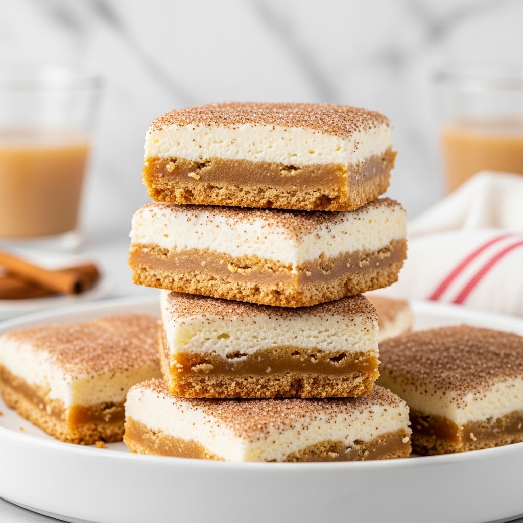 A close-up image of four stacked dessert bars with three distinct layers each: the bottom layer is a golden-brown crumbly crust, the middle layer is thick and creamy white filling, and the top layer is a golden-brown crumbly crust sprinkled evenly with sugar and cinnamon, giving it a rough, grainy texture. The bars have uneven edges and are stacked slightly off-center on a white plate, placed on a white marbled textured surface with a blurred background. photo taken with an iphone --ar 4:5 --v 7