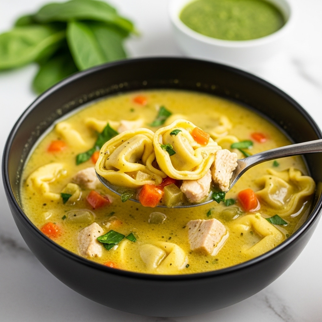 The image shows a black bowl filled with a creamy yellow soup that contains tortellini pasta. The soup has visible small pieces of orange carrots, green herbs, and chunks of white chicken. A silver spoon is scooping up a portion of the soup, holding two tortellini, chicken, and some vegetables. In the background, there is a small bowl of green sauce and some fresh spinach leaves resting on a white marbled surface. photo taken with an iphone --ar 4:5 --v 7