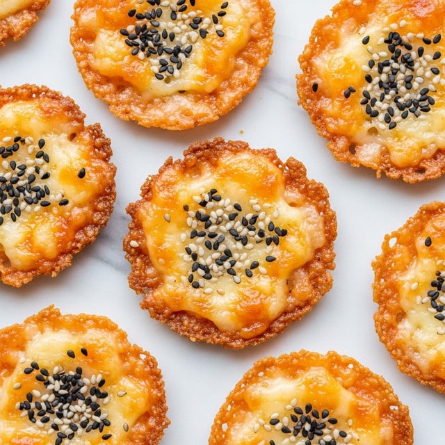The image shows several small round cheese crisps with uneven edges placed closely on a white marbled surface. Each cheese crisp has a base layer of slightly golden, bubbly, melted cheese with a smooth yet crispy texture. On top, there are scattered black and white small seeds adding a contrasting speckled look. The crisps have some browned spots where the cheese has caramelized, giving a mix of orange and light brown patches across the surface. The close-up view highlights the crispy, airy texture of the crisps with a mix of soft and crunchy areas. photo taken with an iphone --ar 4:5 --v 7