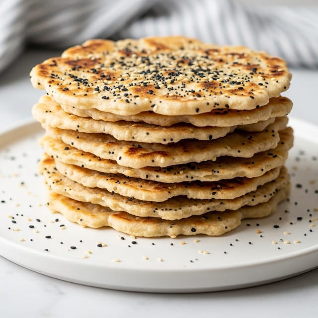 A stack of seven uneven, crispy flatbreads sits in the center of a round white plate. Each flatbread layer is golden brown with darker toasted spots and is sprinkled with black and white sesame seeds and small black poppy seeds. The flatbreads have slightly curled and irregular edges, showing a light and airy texture. A few seeds are scattered on the plate around the stack. The plate rests on a white marbled surface with a blurred grey and white striped cloth in the background. photo taken with an iphone --ar 4:5 --v 7