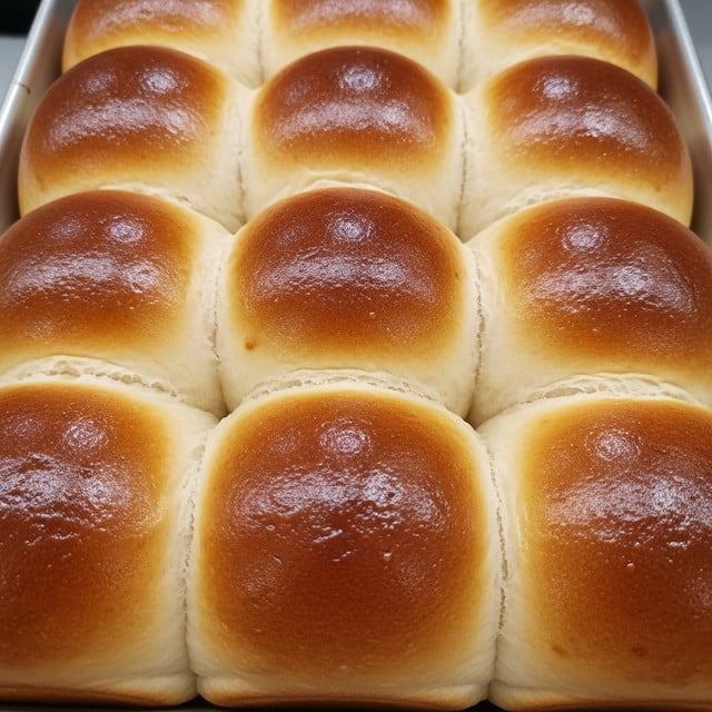 The image shows a close-up of a baking tray filled with twelve soft, golden-brown dinner rolls arranged in a 4 by 3 grid. Each roll has a smooth, shiny top with a light crust and a slightly glossy finish, showing a fresh baked texture. The color ranges from light golden on the sides to a deeper golden brown on the rounded tops. The rolls are touching each other, forming a neat pattern inside a metal tray, with some light reflections on the surface of the bread. Photo taken with an iphone --ar 4:5 --v 7