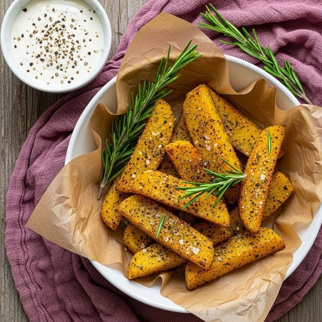 The image shows a white bowl lined with crumpled brown parchment paper holding thick, golden-yellow potato wedges seasoned with black pepper, herbs, and coarse salt flakes. The wedges have a crispy texture with some darker roasted edges. Bright green sprigs of fresh rosemary are placed on top and around the wedges for garnish. In the top left corner, a small white bowl filled with a creamy white dipping sauce is sprinkled with cracked black pepper. The bowl rests on a rough wooden surface partially covered by a soft, crumpled deep mauve cloth. The overall setting is warm and rustic. photo taken with an iphone --ar 4:5 --v 7