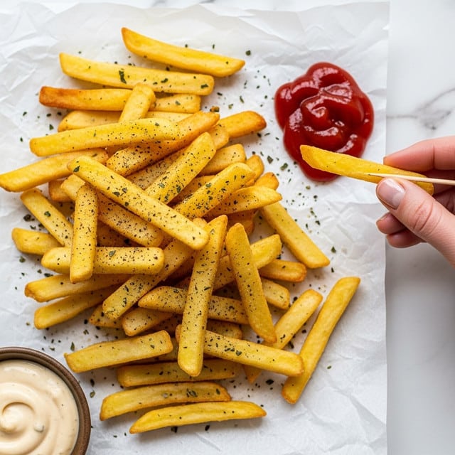 The image shows a pile of golden yellow French fries sprinkled with black pepper and green dried herbs on a piece of parchment paper. The fries look crispy and are stacked unevenly, with some lying flat and others leaning on each other. To the right side, there is a small amount of dark red ketchup, and a woman's hand is using a toothpick to pick one fry from the pile. In the bottom left corner, there is a small bowl with a creamy white sauce. The background is a white marbled surface. photo taken with an iphone --ar 4:5 --v 7