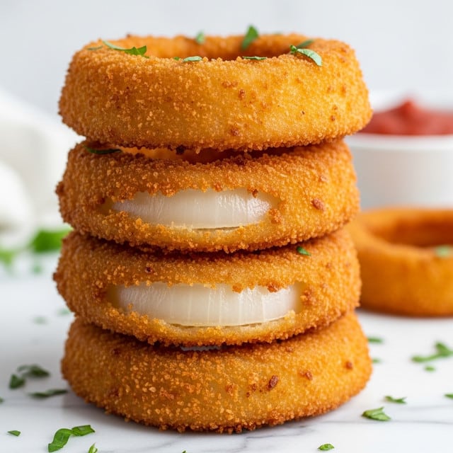 The image shows a stack of four golden brown onion rings with a crispy texture. Each ring is thick, coated in breadcrumbs, and they are neatly piled on top of each other on a white marbled surface. The middle of each ring is white onion, visible through the crispy outer layer. Some small green herbs are sprinkled around the base of the stack, adding a touch of color. In the background, there is a blurred red sauce in a white dish. The focus is on the onion rings, showing their crunchy texture in bright lighting. Photo taken with an iphone --ar 4:5 --v 7