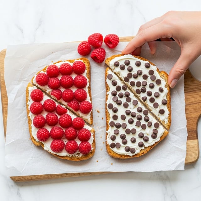 Two toasted bread slices on white parchment paper over a wooden board, both sliced diagonally into halves. The toast on the left is topped with a layer of cream cheese or a similar white spread, and decorated with bright red raspberries arranged neatly in rows. The toast on the right has a similar white spread with small, round dark chocolate chips scattered evenly across the surface. A few raspberries are placed beside the toast on the board, and a woman's hand is lifting one of the raspberry-topped halves. The background is a white marbled texture. Photo taken with an iphone --ar 4:5 --v 7