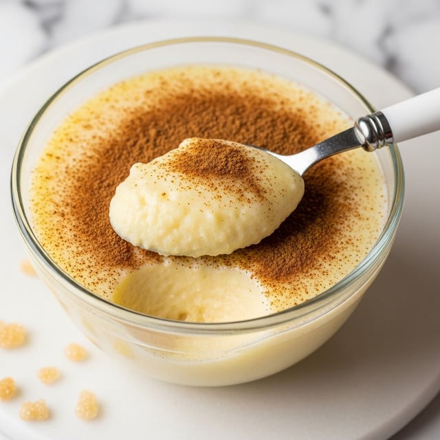 A close-up image of a clear glass bowl filled with creamy pale yellow pudding, topped with a light dusting of brown cinnamon powder. A spoon with a white handle is scooping up some of the pudding from the bowl, showing its smooth and thick texture. The bowl sits on a white marbled surface with coarse sugar crystals visible nearby. Photo taken with an iphone --ar 4:5 --v 7