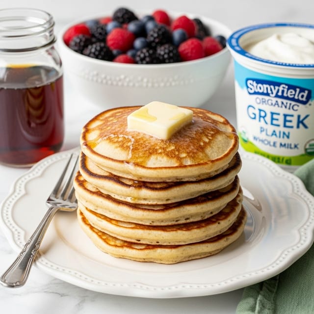 A stack of five golden brown pancakes sits in the center of a white plate with a scalloped edge, each pancake showing a slightly crispy texture and soft, fluffy inside. On top of the stack is a square pat of melting butter with a smooth, creamy surface. To the left of the plate is a silver fork resting partially on the plate, and to the upper left is a clear glass jar filled with amber-colored syrup. Behind the pancakes, there is a white bowl filled with mixed berries, including blackberries, blueberries, and raspberries, showing vibrant and fresh colors. To the right, a container of Stonyfield Organic Greek plain whole milk yogurt is partially visible. The whole setting is on a white marbled surface, with a hint of a green cloth on the lower right corner. photo taken with an iphone --ar 4:5 --v 7