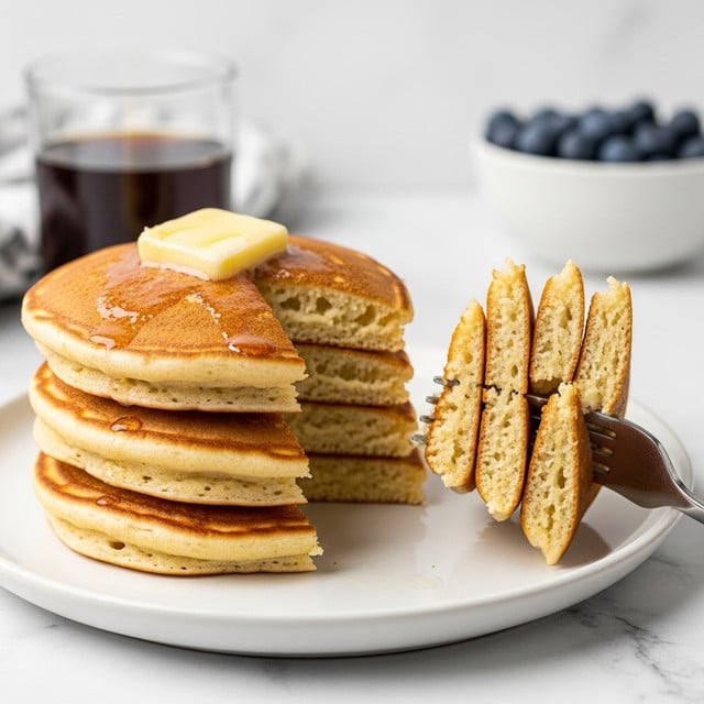 A stack of four fluffy pancakes with a light golden-brown color sits centered on a white plate, topped with a small square of melting butter that glistens slightly. The pancakes have a soft texture with visible air pockets inside the cut slice. On the right side of the plate, a fork holds up a few pieces of the pancakes, showing their airy layers. The background features a white marbled surface and a clear glass of dark liquid and a bowl of blueberries are blurred in the background. Photo taken with an iphone --ar 4:5 --v 7