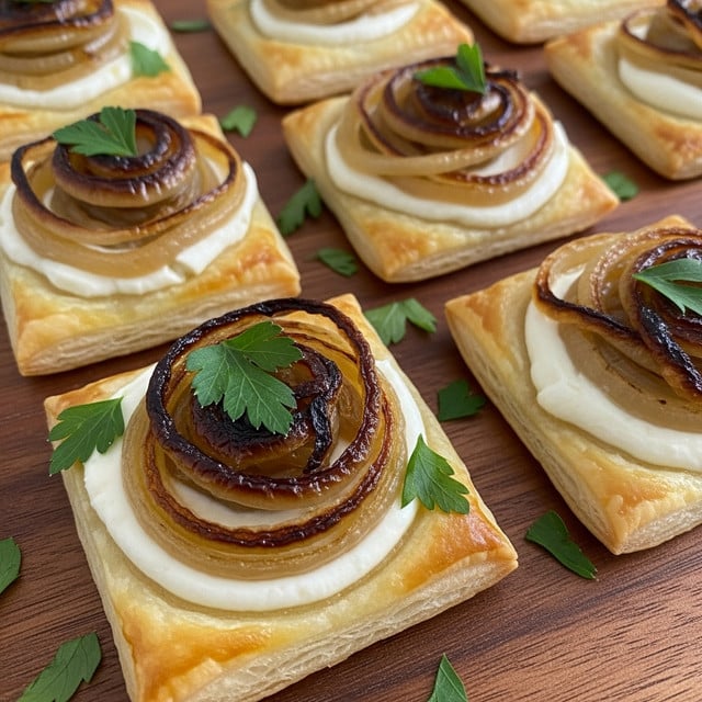 Square-shaped puff pastry pieces with a golden, flaky texture form the base layer, topped with a creamy white cheese layer. On top of the cheese is a swirl of caramelized onions in a rich brown color, glistening under light. Each pastry is garnished with small bright green parsley leaves, adding a fresh contrast. The pastries are arranged on a wooden surface with scattered parsley pieces around them. photo taken with an iphone --ar 4:5 --v 7