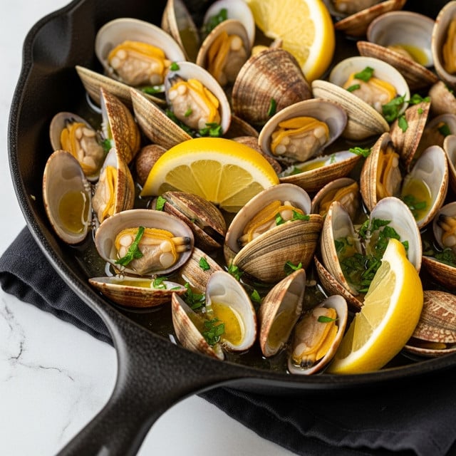 A close-up view of a black cast iron pan filled with cooked clams, their shells open to reveal soft, light orange and cream-colored clam meat inside. The clams are covered in a light, glossy garlic butter sauce with small pieces of chopped fresh green herbs scattered all over. A couple of bright yellow lemon wedges are placed among the clams, adding a pop of color. The pan sits on a white marbled textured surface, with a dark cloth partially visible under the pan’s handle. Photo taken with an iphone --ar 4:5 --v 7