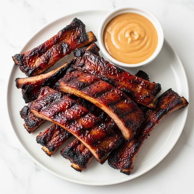 A white plate holds a pile of grilled pork ribs with a dark, shiny, and slightly charred surface showing a deep red glaze and blackened edges, arranged in a loose stack with some ribs overlapping each other. To the top right of the ribs is a small white bowl with a smooth, creamy light brown sauce. The plate is placed on a white marbled texture, creating a clean and bright setting. photo taken with an iphone --ar 4:5 --v 7