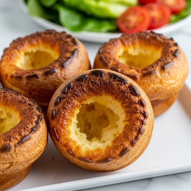 The image shows four golden brown popovers with crispy, bubbled outer edges and soft, slightly hollow centers sitting on a white tray. The popovers have a rough texture with darker browned spots on the top rims, giving them a crunchy look. Inside, the centers are light yellow and fluffy. In the background, there is a blurred plate containing bright green lettuce and red tomatoes on a white marbled surface. The light reflects softly off the popovers’ surfaces, highlighting their warm, toasted color. photo taken with an iphone --ar 4:5 --v 7