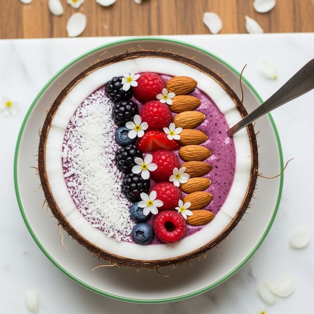 The image shows a halved coconut shell filled with a purple smoothie-like mixture as the first layer, topped with a thin white layer of shredded coconut spread across part of the surface. Around the inside edge of the coconut, there is a white coconut meat border. On top of the smoothie layer, there is a colorful arrangement of fresh fruits and nuts including red strawberries and raspberries, dark blackberries, blueberries, and several whole almonds placed in a neat line on one side. Small white edible flowers are placed delicately on the smoothie near the fruits. A silver spoon is inserted into the smoothie on the right side. The coconut shell sits in a white bowl with a thin green rim, and the background is a wooden surface scattered with a few white flower petals, all set on a white marbled textured surface. Photo taken with an iphone --ar 4:5 --v 7