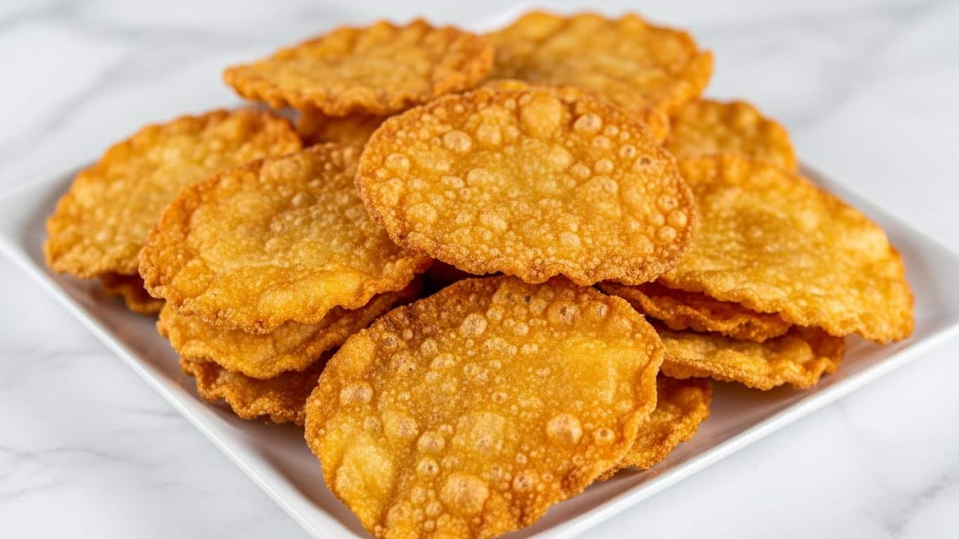 A white square plate filled with many golden brown crispy fried chips stacked unevenly. The chips have a rough, bubbly texture with some darker spots, creating a crunchy look. The edges are wavy and slightly curled, showing a well-fried surface. The plate is set on a white marbled texture surface. photo taken with an iphone --ar 4:5 --v 7