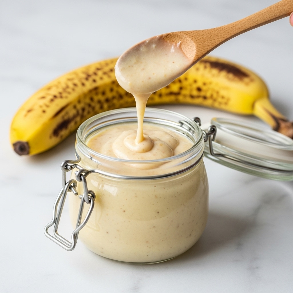 A small glass jar filled with creamy, pale yellow banana sauce with tiny specks is centered on a white marbled surface. A wooden spoon holds some of the smooth, thick sauce above the jar, gently dripping back in. Behind the jar, a ripe banana with dark brown spots lies on the surface, slightly out of focus. The jar has a metal clasp for sealing, adding a touch of rustic charm. photo taken with an iphone --ar 4:5 --v 7