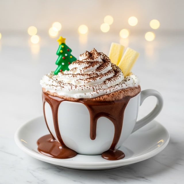 A white ceramic cup filled with dark brown hot chocolate that is thick and overflowing down the sides onto a matching white saucer, topped with one thick layer of white whipped cream sprinkled with fine dark cocoa powder; on top of the whipped cream, there is a small green Christmas tree-shaped decoration and two small, light yellow rectangular pieces placed upright, all set against a softly blurred background with warm yellow lights and a white marbled texture surface. photo taken with an iphone --ar 4:5 --v 7