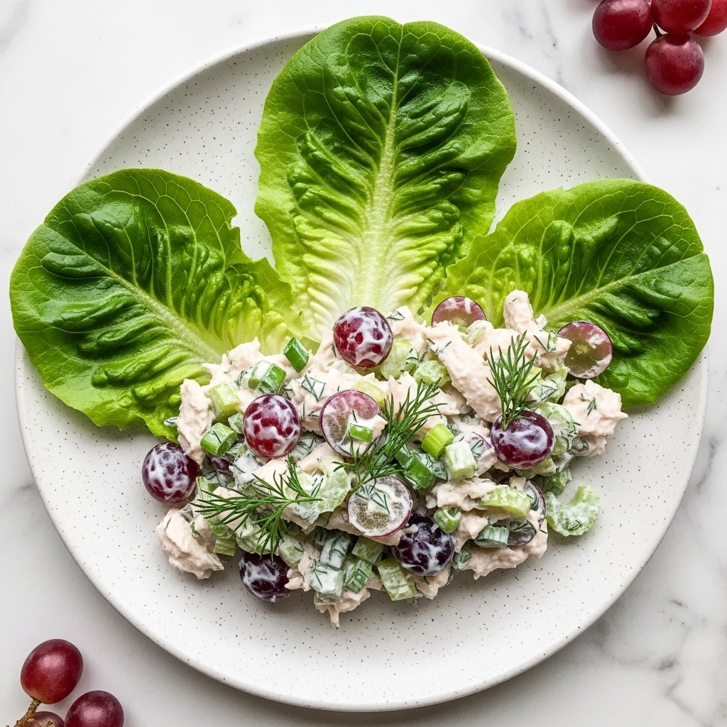 The image shows a white speckled plate with three bright green lettuce leaves placed flat as the base layer. On top, there is a generous scoop of creamy white chicken salad mixed with small pieces of celery, halved red grapes, chopped green onions, and fresh dill, creating pops of green and purple colors. The chicken pieces are shredded and coated in the creamy dressing, giving the salad a thick texture. The plate is set on a white marbled surface with some red grapes scattered nearby. photo taken with an iphone --ar 4:5 --v 7