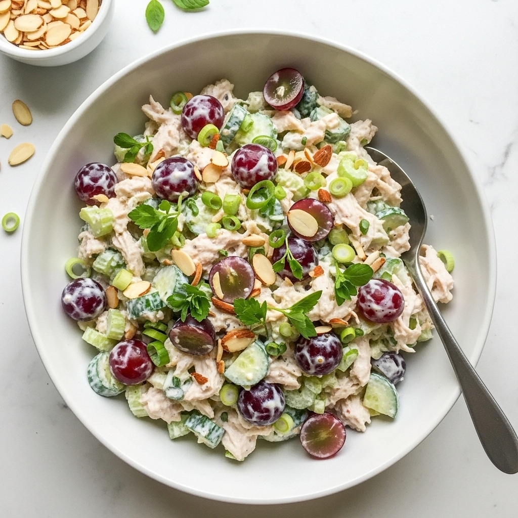 A white bowl filled with a creamy chicken salad showing shredded white chicken mixed with chopped light green celery and cucumber pieces, halved dark red grapes, and slivered pale almonds. The salad is coated in a smooth white dressing and topped with small sprigs of fresh green herbs and slices of green onion. A silver spoon is placed inside the bowl to the right. In the background, there is a small white bowl with pale almond slivers on a white marbled surface with some green herbs scattered around. photo taken with an iphone --ar 4:5 --v 7
