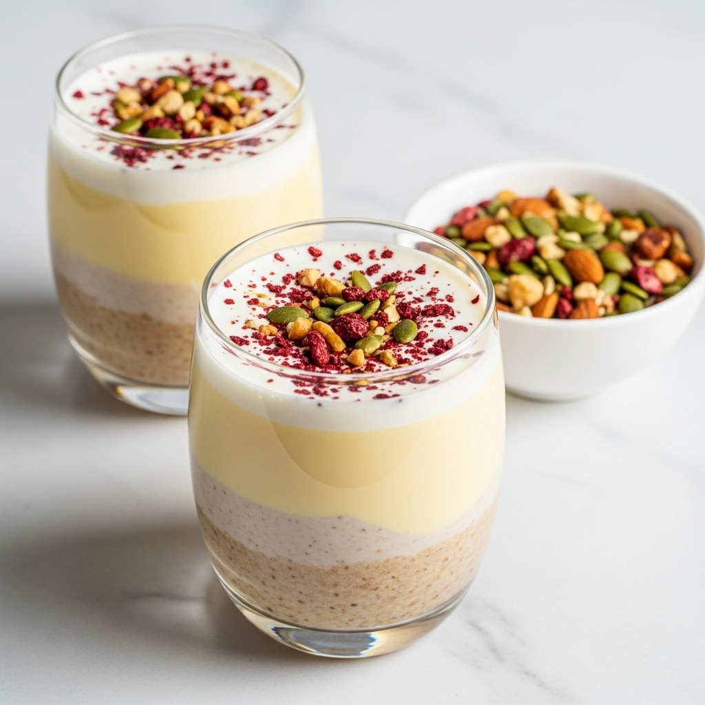 Two clear glasses filled with a creamy yellow drink, topped with small pieces of red and green nuts and seeds. The drink has three visible layers: a beige layer at the bottom with a bit of grainy texture, a larger smooth pale yellow middle layer, and a white creamy layer at the top sprinkled with red bits. Next to the glasses, there is a small white bowl filled with mixed nuts and seeds, and all items are placed on a white marbled surface. photo taken with an iphone --ar 4:5 --v 7