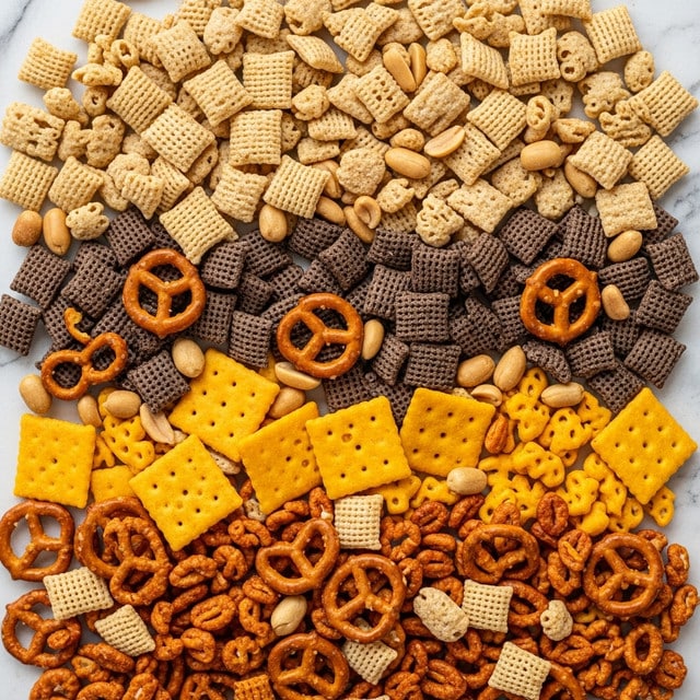 A flat mix of crunchy snack pieces spread out on a white marbled surface, showing different layers of small square, light tan and dark tan cereal pieces with a woven texture, bright orange square cheese crackers with small holes, small reddish-brown pretzels with a twisted shape, and some light tan peanuts scattered throughout. The snack pieces are close together, creating a mixed, colorful, and textured pattern that highlights the variety of shapes and tones in the mix. photo taken with an iphone --ar 4:5 --v 7