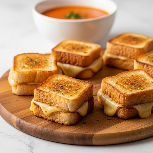 A wooden round board holds several small grilled cheese sandwiches, each made of two golden-brown toasted bread slices with melted cheese oozing slightly from the edges. The sandwiches show a crispy texture on the top bread with some herbs sprinkled. Behind the sandwiches, there is a white bowl filled with bright orange tomato soup. The scene is set on a white marbled textured surface. photo taken with an iphone --ar 4:5 --v 7