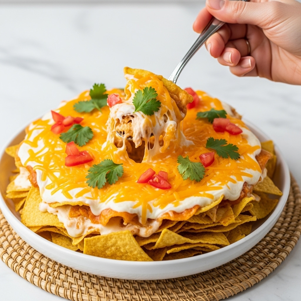 The dish is a layered cheesy nacho dip served in a white bowl. The bottom layer is made of crispy golden-yellow tortilla chips, topped with a creamy layer of melted white cheese mixed with a slight orange tint. On top, there is a generous layer of shredded bright orange melted cheddar cheese, scattered with small pieces of diced red tomatoes and fresh green cilantro leaves. A woman's hand holding a silver spoon scoops up a portion, showing the mix of melted cheese and crunchy chips in detail. The bowl sits on a colorful woven mat, all placed on a white marbled surface. photo taken with an iphone --ar 4:5 --v 7