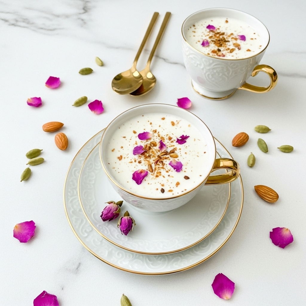 Two white cups with golden rims and handles are filled with a creamy white drink that has small purple rose petals and tiny bits of spices floating on top. One cup is placed on a matching white saucer with a gold rim, creating a layered look with the smooth drink inside. The cups and saucer sit on a white marbled texture. Around them, there are scattered rose petals, cardamom pods, and almonds, adding color and texture to the scene. Two golden spoons lie above the cups, shining softly in the light. photo taken with an iphone --ar 4:5 --v 7