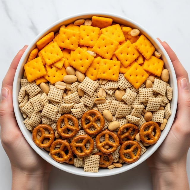 A white bowl filled with a mixed snack blend held by two woman's hands, showing three main layers of ingredients: bright orange square cheese crackers on top with a smooth, slightly shiny texture; underneath, light beige and darker brown woven cereal squares with a rough, crunchy appearance; scattered throughout are small, shiny pretzel knots in a warm brown color and pale, smooth peanuts peeking through the mix. The bowl rests on a white marbled surface, adding a clean and fresh background to the vivid snack mix. Photo taken with an iphone --ar 4:5 --v 7