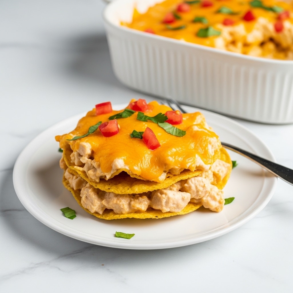 A white plate on a white marbled surface holds a layered dish of crispy yellow tortilla chips topped with a creamy mixture that includes chunks of chicken and melted orange cheddar cheese. The dish is garnished with small red tomato pieces and green herbs scattered on top. A fork rests on the side of the plate. In the background, there is a white, ribbed casserole dish also filled with the same dish, partially visible. photo taken with an iphone --ar 4:5 --v 7