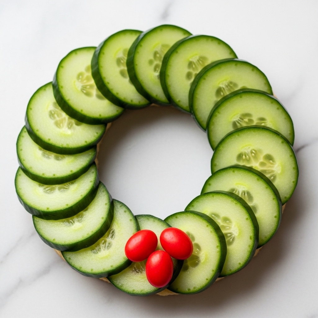 A wreath shaped food decoration consisting of a single layer of green, peeled cucumber slices arranged in a circle, each slice showing soft insides and smooth edges, with three bright red oval candies placed close together at the bottom center of the circle. The wreath rests on a surface with a white marbled texture. Photo taken with an iphone --ar 4:5 --v 7