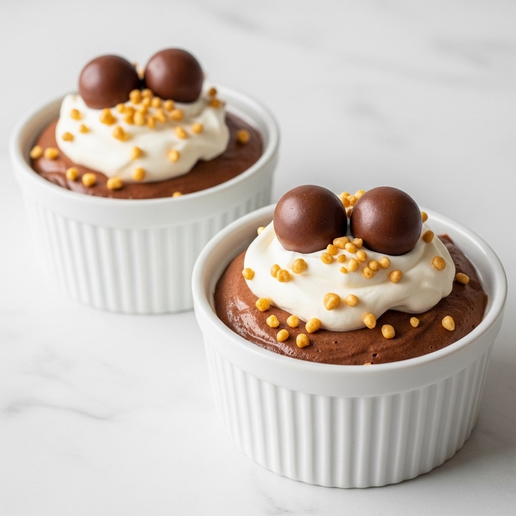 Two white ramekins filled with smooth brown chocolate mousse are shown, each topped with a dollop of white whipped cream, sprinkled with small crunchy nut pieces, and three round chocolate balls placed on top. The ramekins have vertical ridges on the outside, and they rest on a white marbled surface. The mousse looks creamy and light, contrasting with the fluffy whipped cream and the round chocolate balls. Photo taken with an iphone --ar 4:5 --v 7