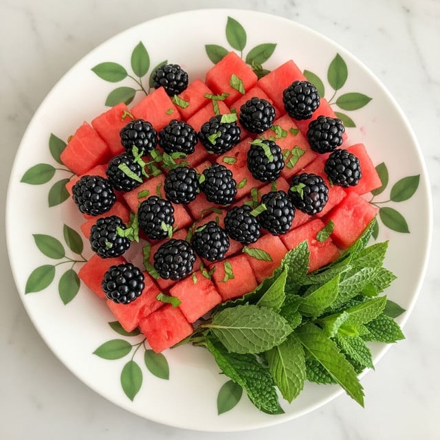 A white plate with a green leaf pattern holds a fresh fruit salad featuring two main layers: bright red watermelon cubes forming the base layer and shiny black blackberries scattered evenly throughout. Small bits of chopped green mint leaves are sprinkled on top of the fruit, adding a fresh and colorful touch. A small bunch of whole mint leaves rests neatly on the lower right edge of the plate, adding texture and vibrancy. The plate sits on a white marbled surface. photo taken with an iphone --ar 4:5 --v 7