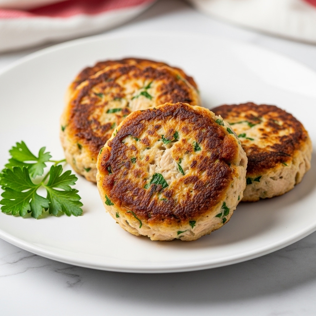 Three golden-brown patties with crispy edges and flecks of green herbs are stacked slightly overlapping on a round white plate. The patties have a textured surface showing bits of shredded ingredients, with some darker browned spots from frying. On the left side of the plate, there is a small green parsley garnish adding a fresh contrast to the warm colors of the patties. The plate is placed on a white marbled texture surface with a red and white cloth blurred in the background. photo taken with an iphone --ar 4:5 --v 7