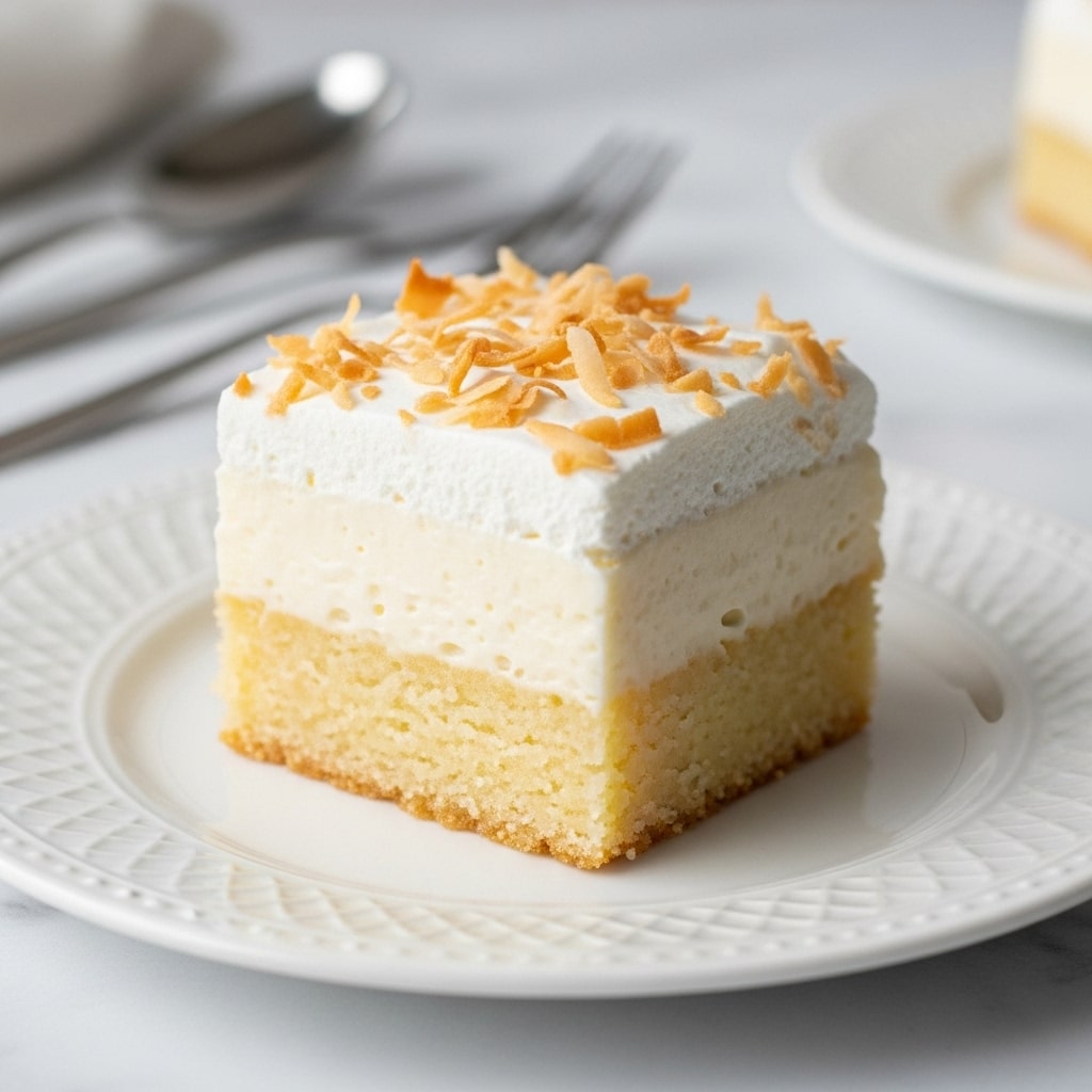 A single square piece of a three-layered dessert sits on a white plate with a subtle pattern. The bottom layer is light yellow and thick with a soft, moist texture. The middle layer is a smooth, creamy white, slightly thicker than the bottom. The top layer is fluffy white whipped cream, topped with toasted light brown coconut flakes scattered evenly. The plate is placed on a white marbled surface, and in the background, there are blurred kitchen utensils. photo taken with an iphone --ar 4:5 --v 7