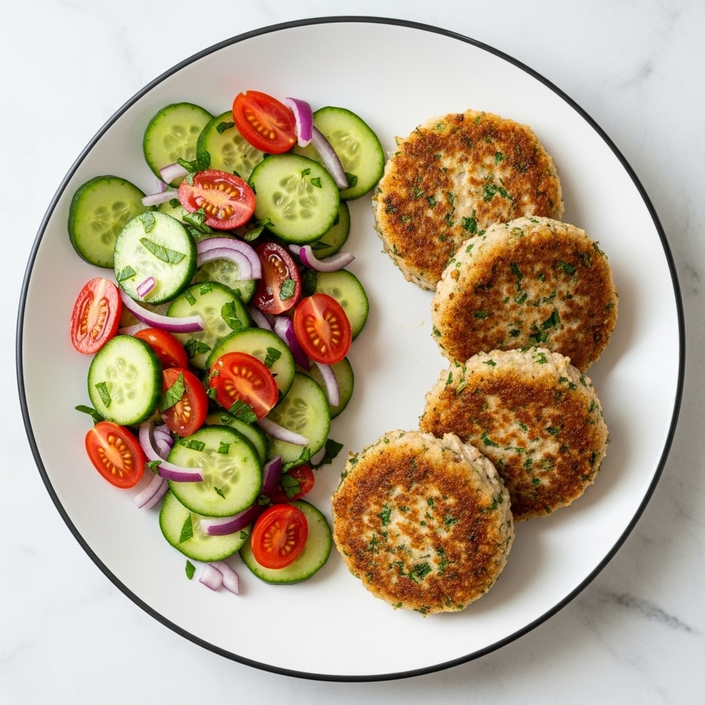 The image shows a white round plate with a black rim placed on a white marbled surface. On the right side of the plate, there are four golden brown patties with a crispy texture and visible green herbs mixed inside, arranged in a slightly overlapping manner. On the left side, there is a fresh salad made of sliced light green cucumbers, halved bright red cherry tomatoes, small pieces of red onion, and chopped green herbs, all mixed together, giving a colorful and fresh look to the dish. The lighting highlights the crispy texture of the patties and the fresh shine on the salad vegetables. photo taken with an iphone --ar 4:5 --v 7