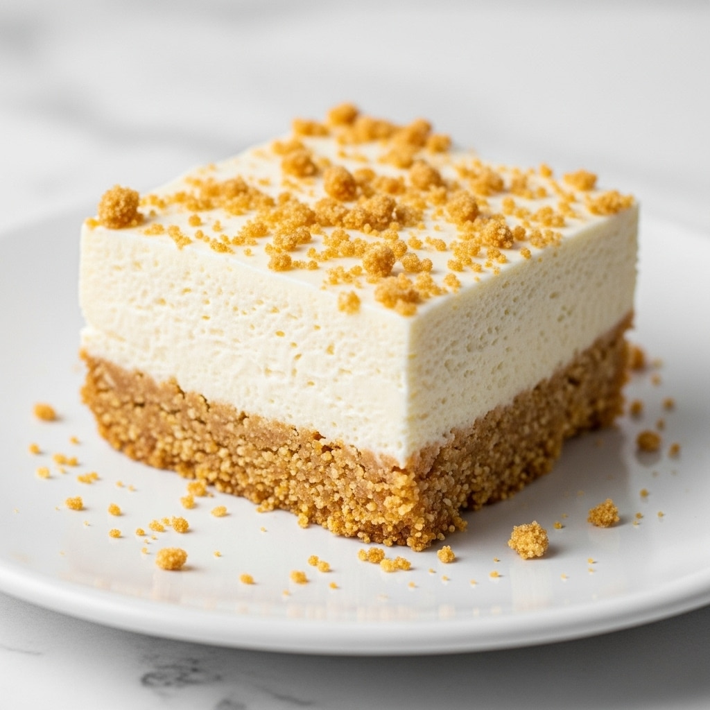 The image shows a square slice of dessert on a white plate with a white marbled texture surface beneath. The dessert has two clear layers: the bottom layer is thick, crumbly, and golden brown like a graham cracker crust, while the top layer is creamy, smooth, and off-white, looking light and fluffy. The top surface is sprinkled with small golden-brown toasted crumbs, adding texture and color contrast. Some crumbs are scattered around the slice on the plate. Photo taken with an iphone --ar 4:5 --v 7