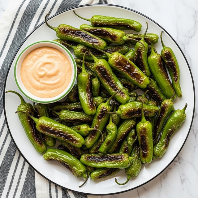 A white plate with a black rim is filled with many roasted green peppers that have charred brown spots, giving them a glossy texture. To the side on the plate, there is a small white bowl with a green rim containing a creamy, light orange dipping sauce. The plate is placed on a white marbled texture surface with a black and white striped cloth partially visible nearby. The peppers and sauce look fresh and ready to eat. photo taken with an iphone --ar 4:5 --v 7